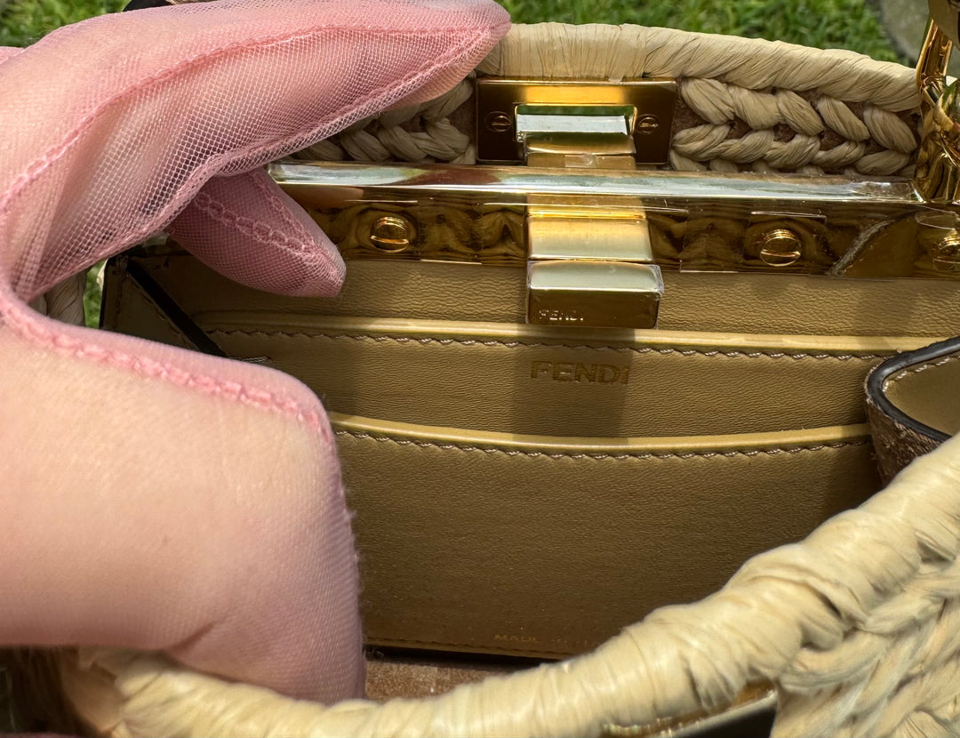Fendi Peekaboo ISeeU Petite Sand Raffia Bag + Fendi Charm