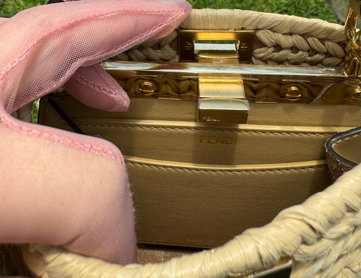 Fendi Peekaboo ISeeU Petite Sand Raffia Bag + Fendi Charm