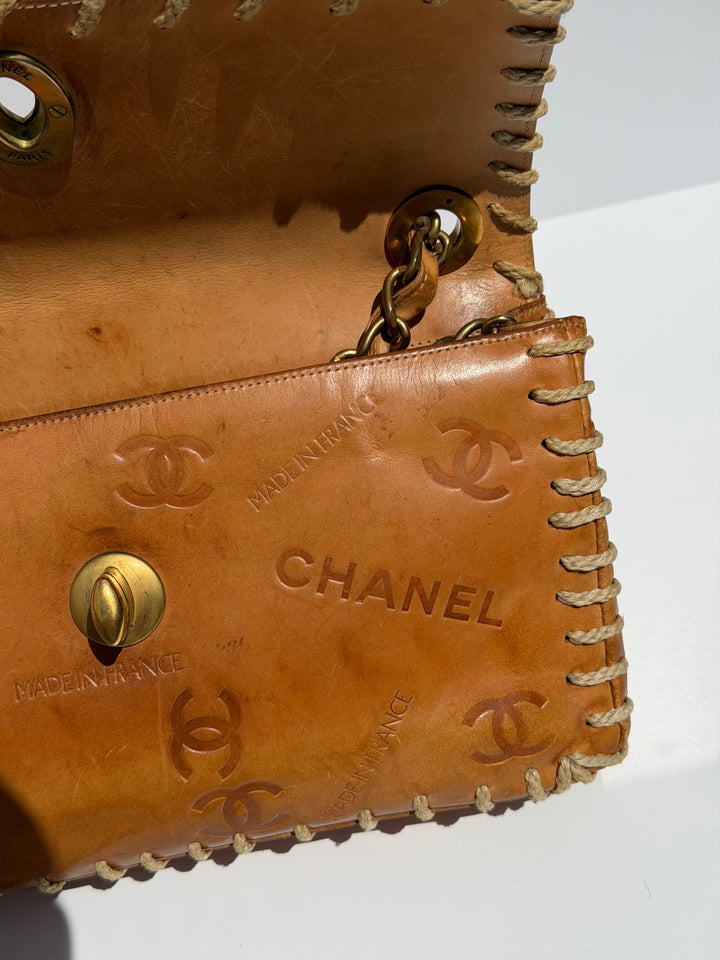 Chanel Half Flap Bag Tan Debossed Logo Calfskin Whipstitched Gold Hardware 1994