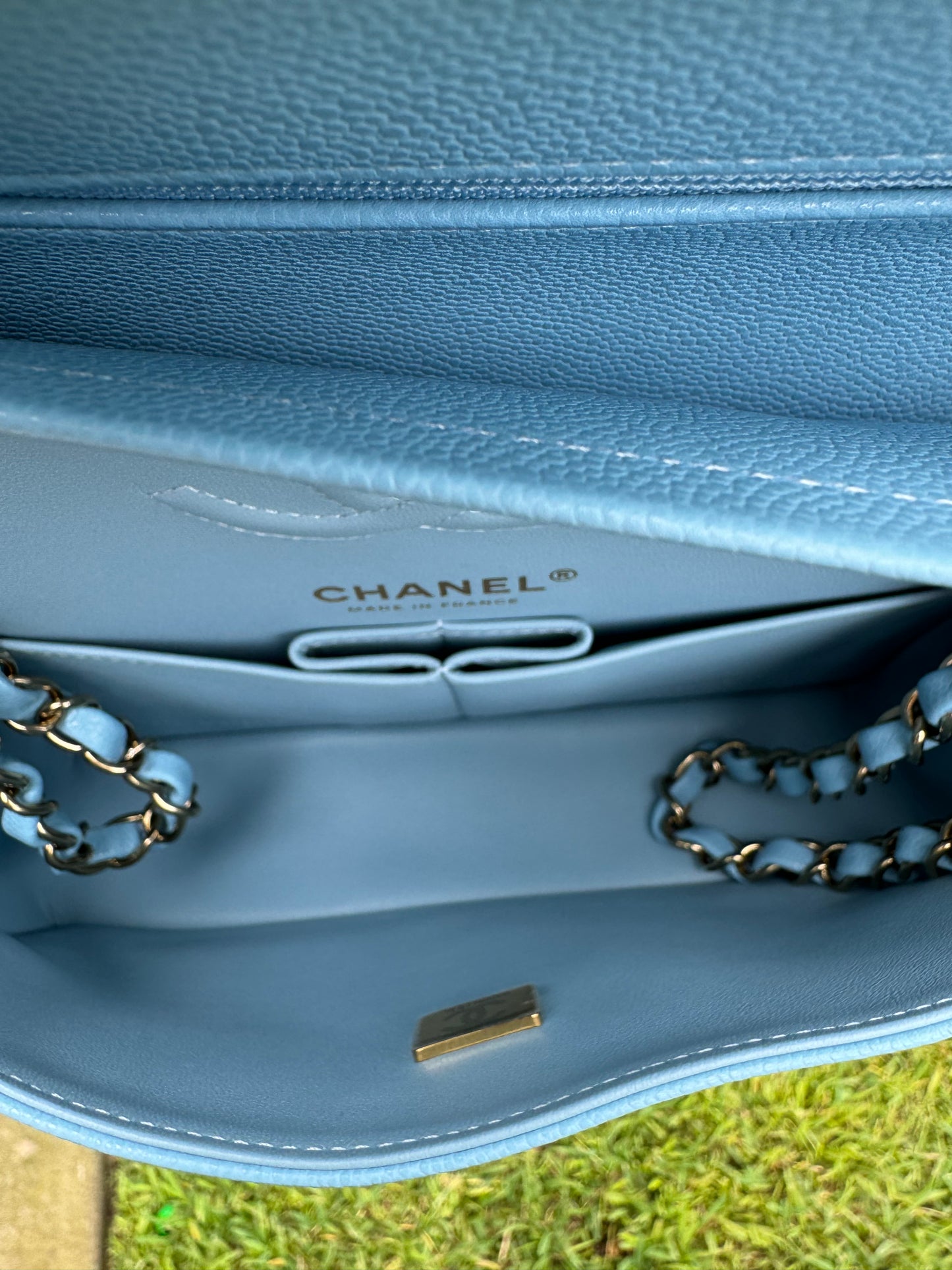 Chanel 23A Small Caviar Sky Blue Double Flap