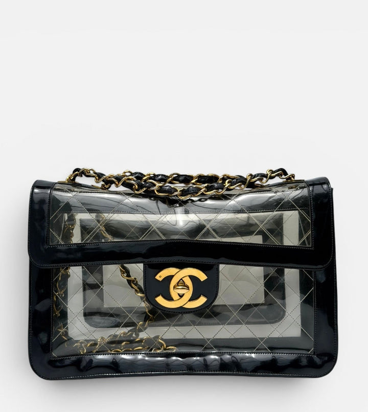 Chanel Maxi Classic Flap Bag Clear Vinyl Black Patent Leather Gold Hardware 1994