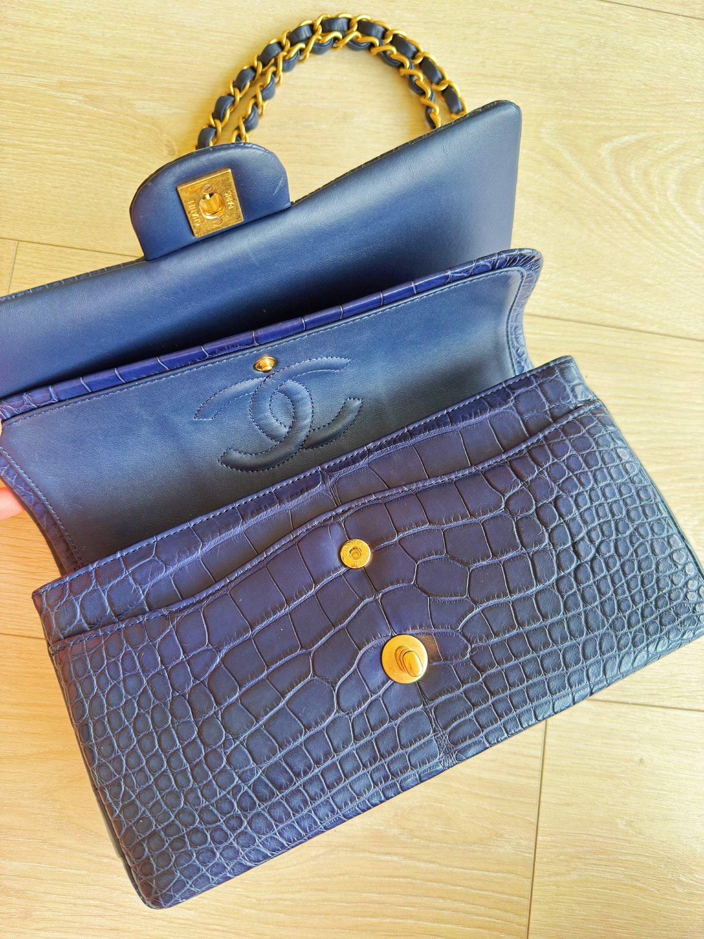 Chanel Navy Blue Matte Alligator Medium Classic Flap Bag