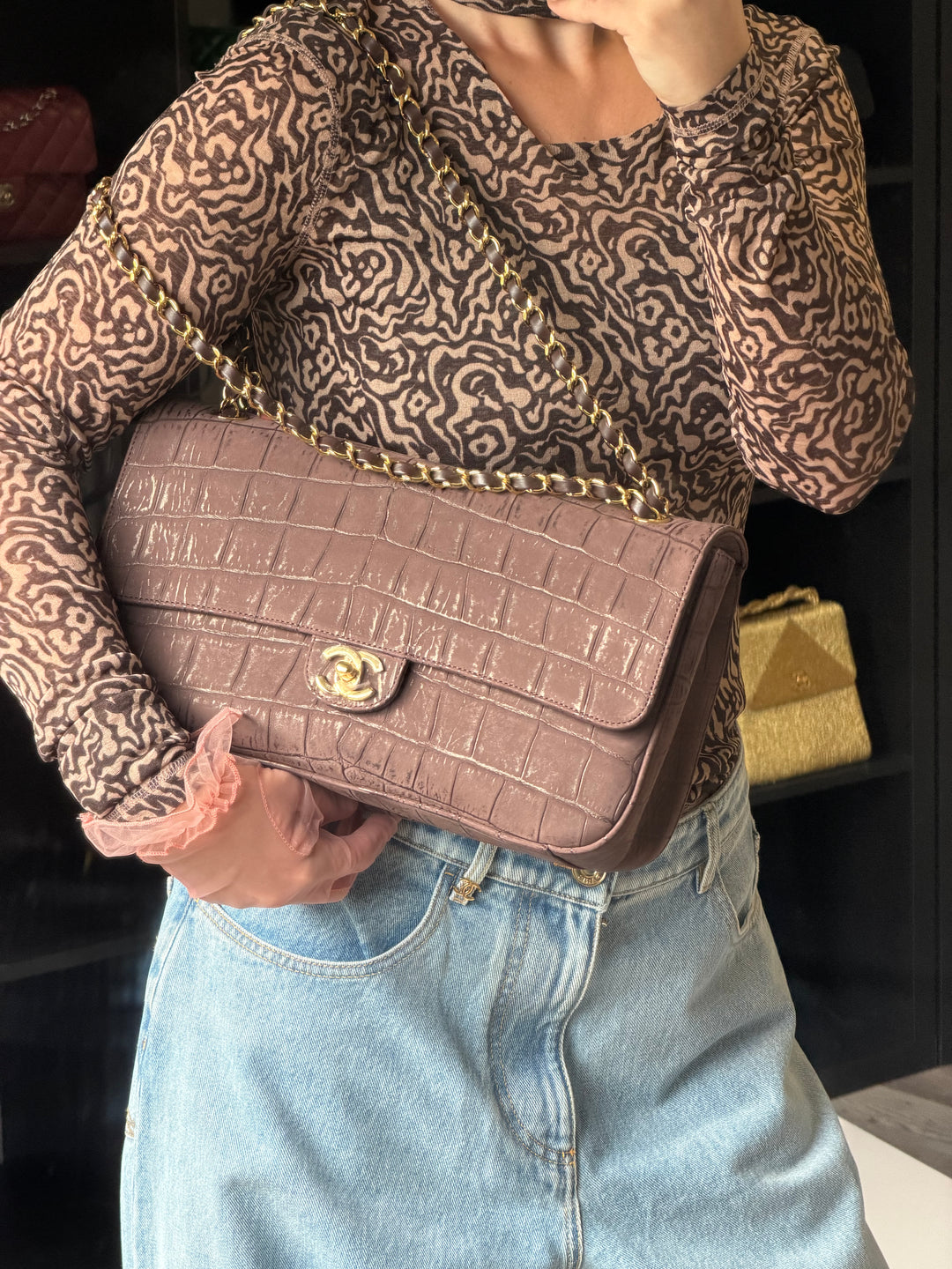 Chanel Maxi Flap Bag Brown Croc-Embossed Suede Calfskin Gold Tone Hardware 2026