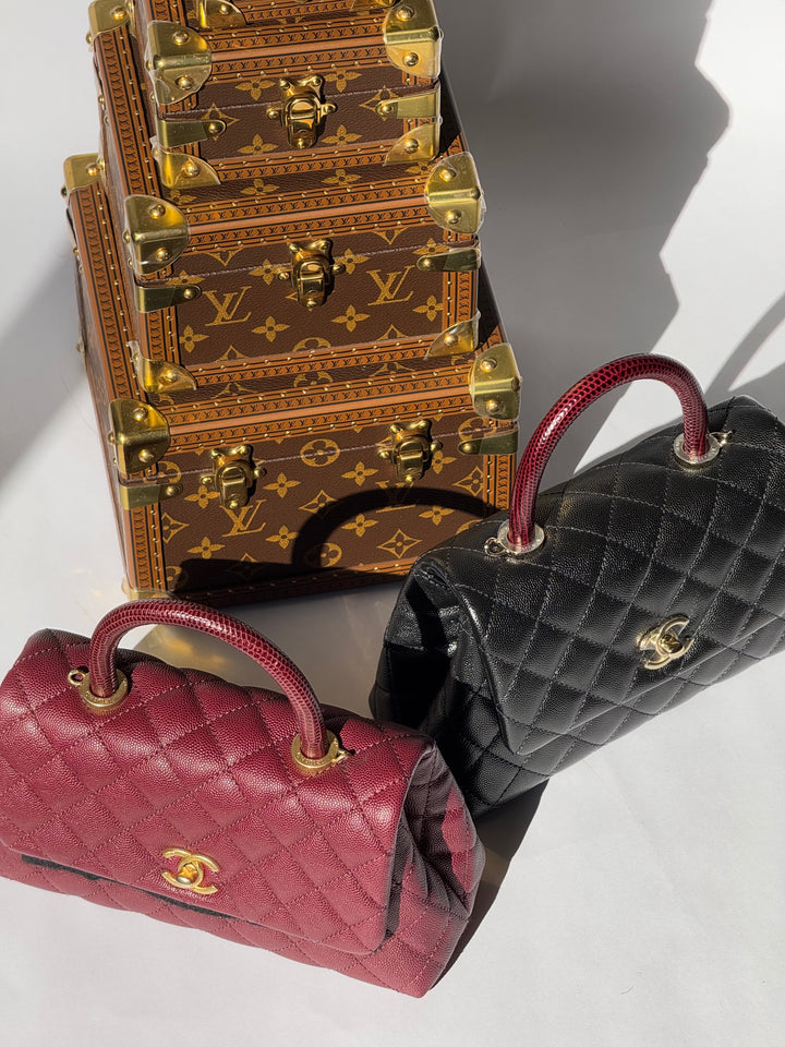 Chanel Small Black Caviar Coco + Burgundy Lizard Top Handle