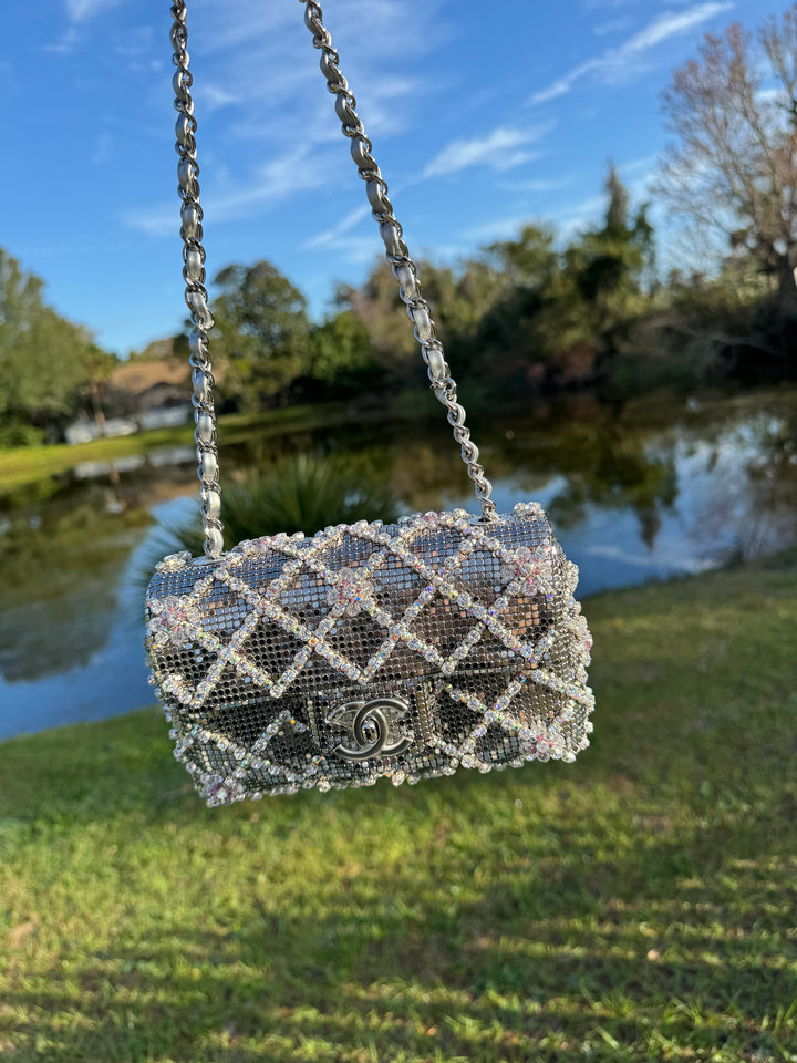 Chanel Silver Crystal Embellished Mini Flap