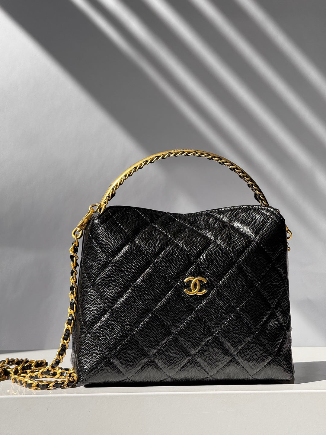 Chanel Top Handle Caviar Clutch With Chain Black Gold Hardware 2024