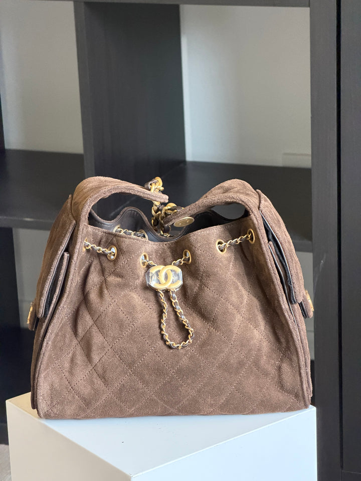 Chanel Small 25 Hobo Bag Brown Suede Antique Gold Hardware