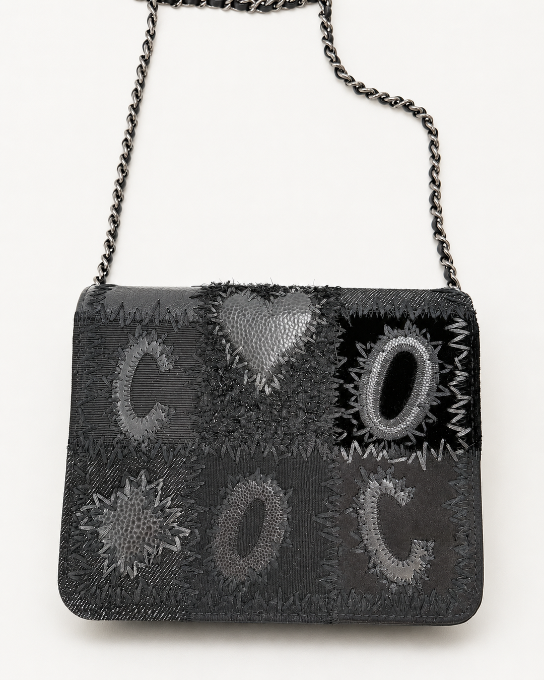 Chanel Black Mixed Media Patchwork Square Wallet on Chain Silver Hardware 2018