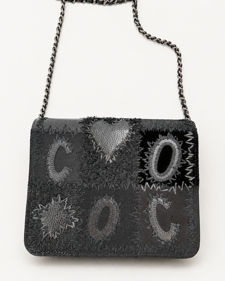 Chanel Black Mixed Media Patchwork Square Wallet on Chain Silver Hardware 2018