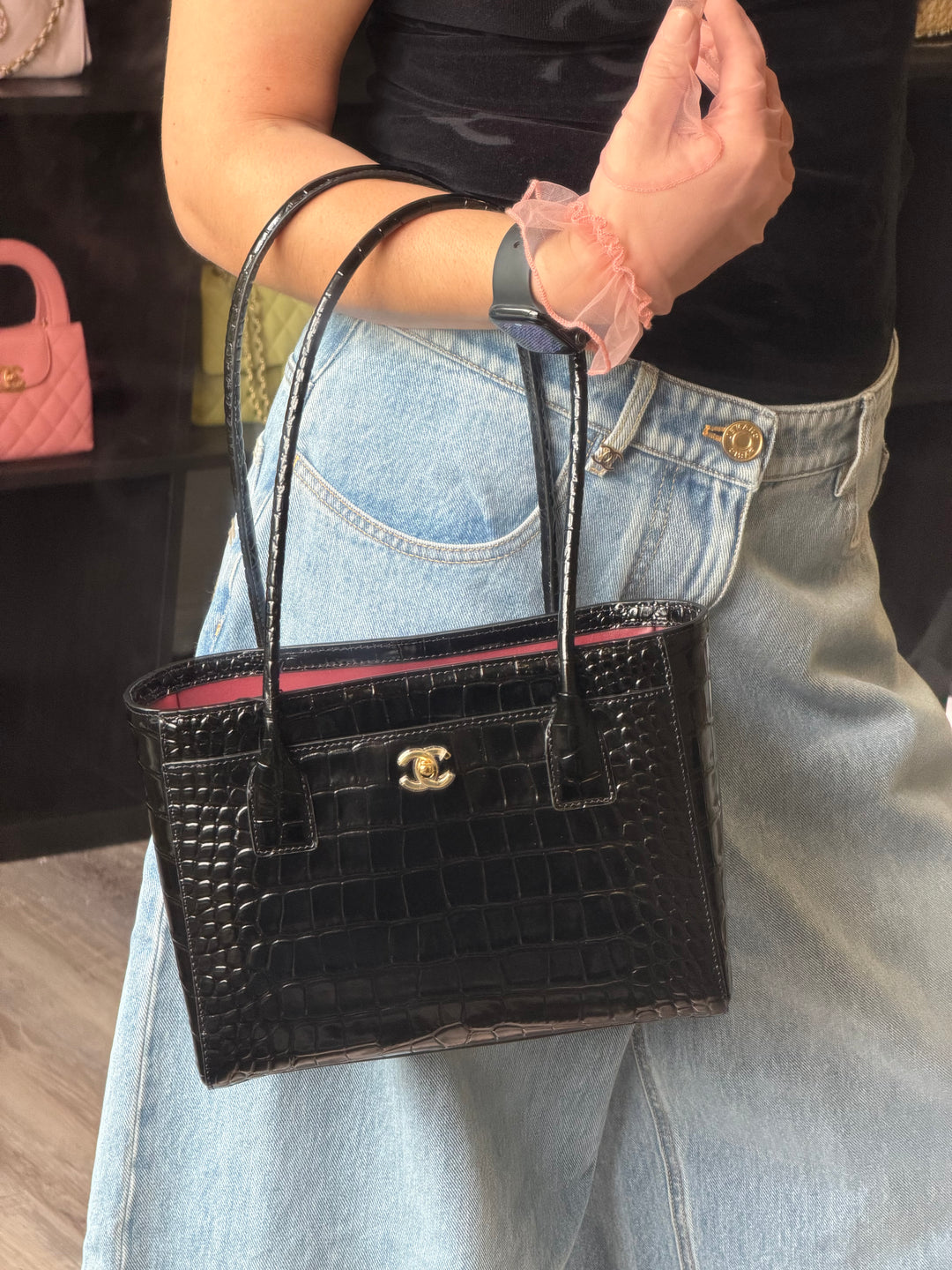 Chanel Mini Shopping Bag Crocodile Embossed Calfskin Black 2026