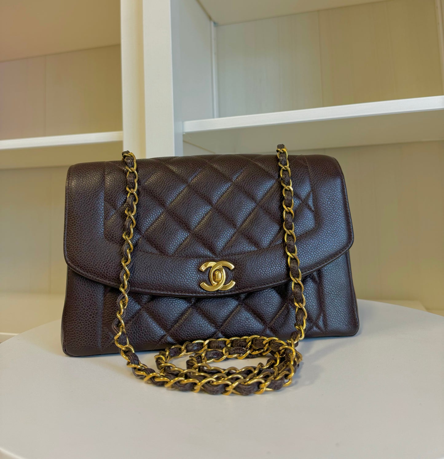 Chanel Chocolate Brown 24K Medium Caviar Diana Flap Bag