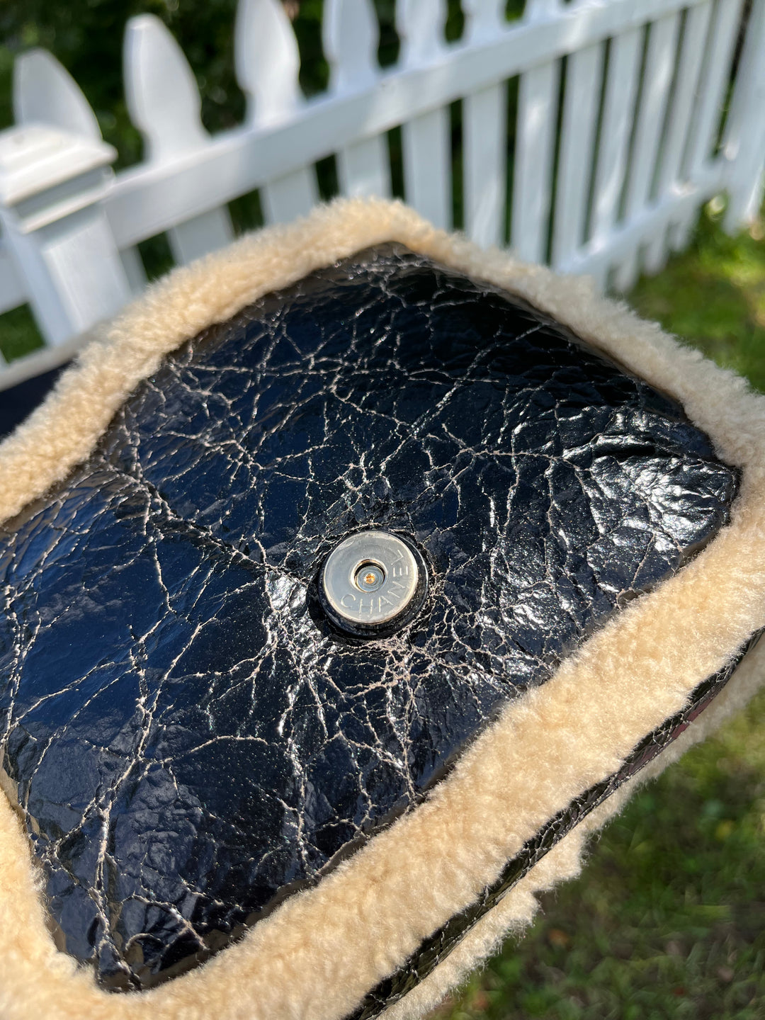 Chanel Black Shiny Crumpled Sheepskin and Shearling Mania Flap
