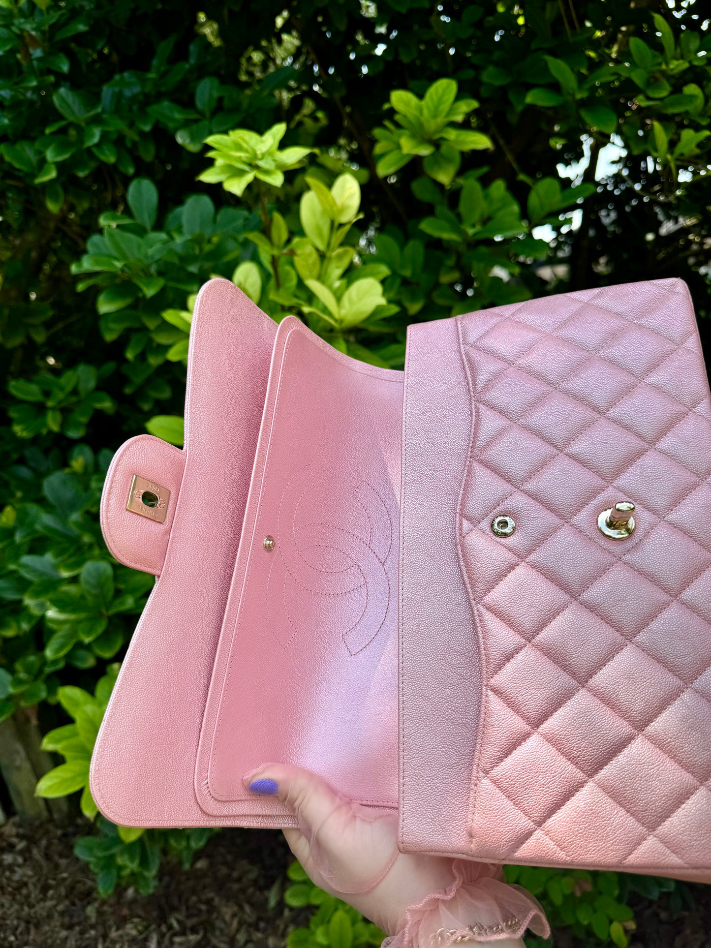 Chanel 19S Pink Iridescent Jumbo Caviar Double Flap Bag