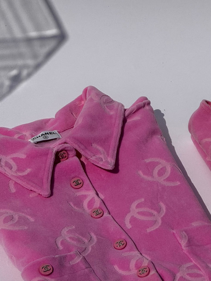 Chanel Spring 1996 Pink Velour CC Button Top X EstherandSasha