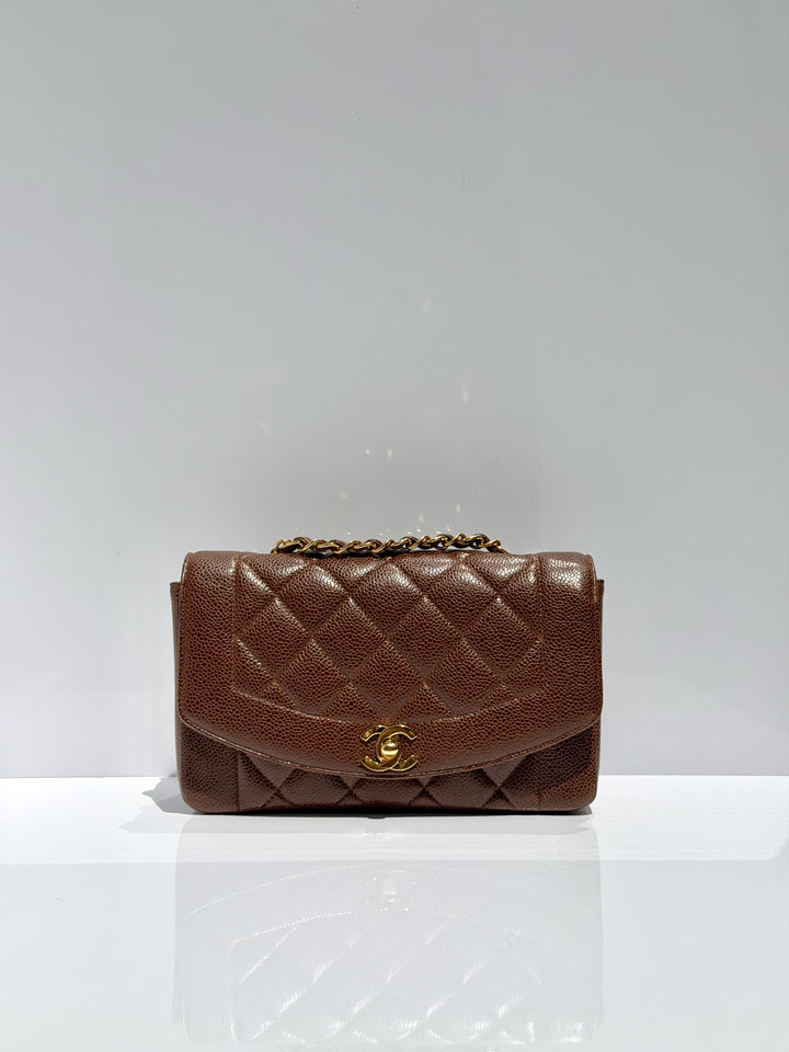 Chanel Small Diana Flap Bag Caviar Brown 24K Plated Gold Hardware 1994
