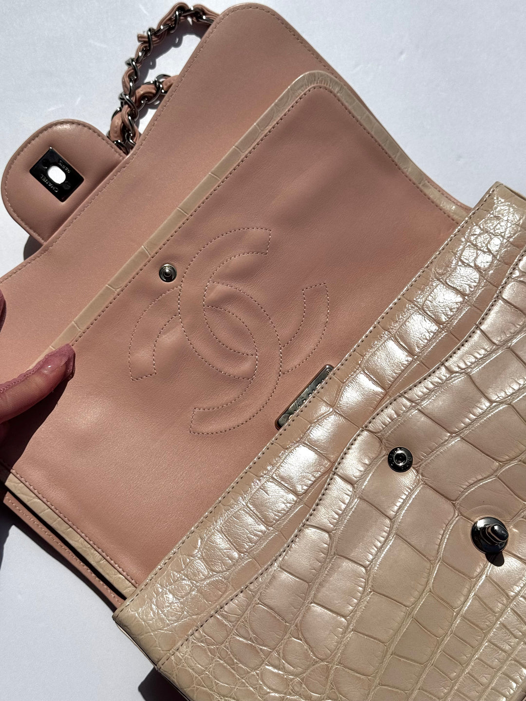 Chanel Jumbo Pink Alligator Double Flap Bag