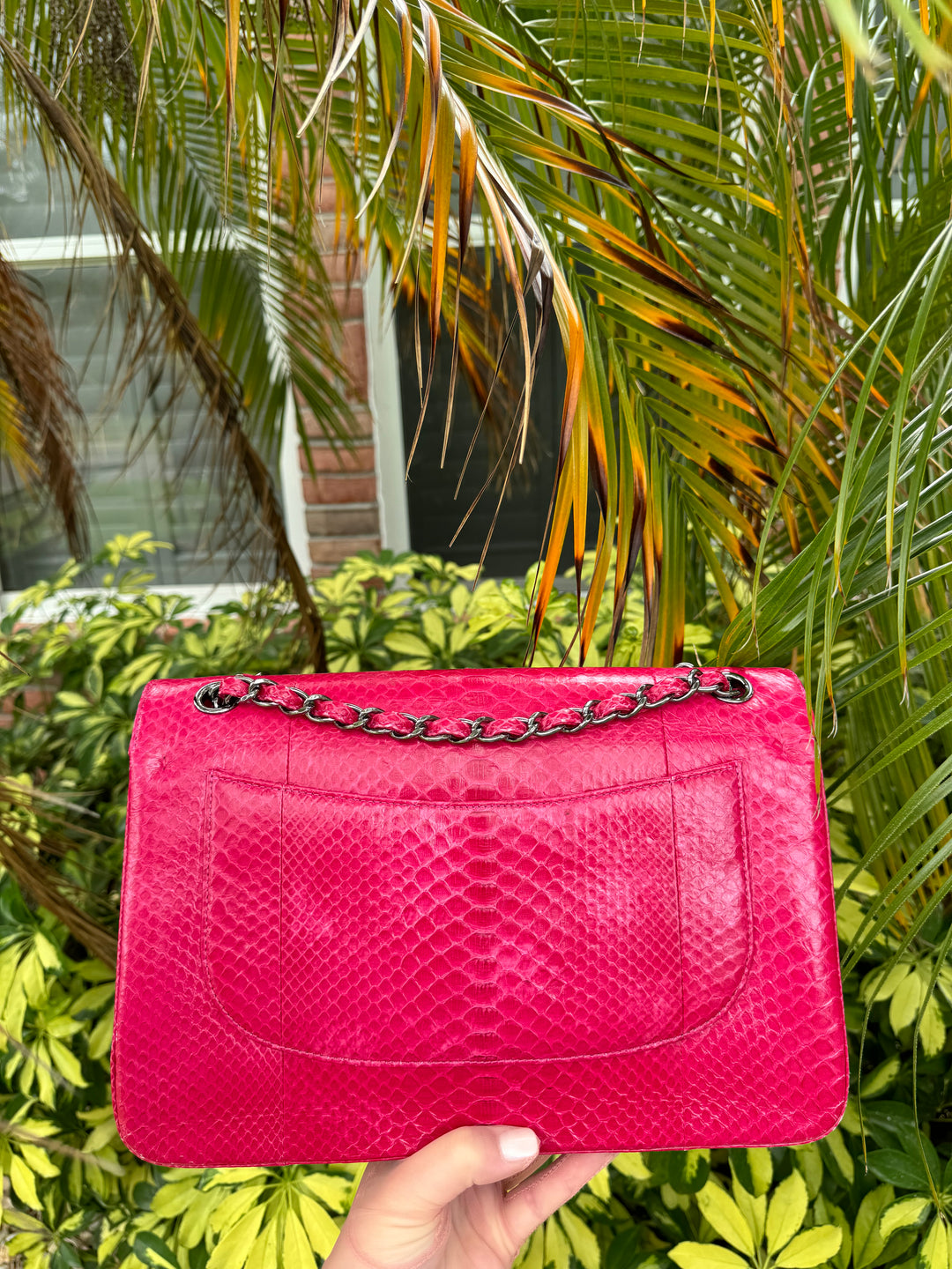 Chanel Fuschia Python Jumbo Double Flap