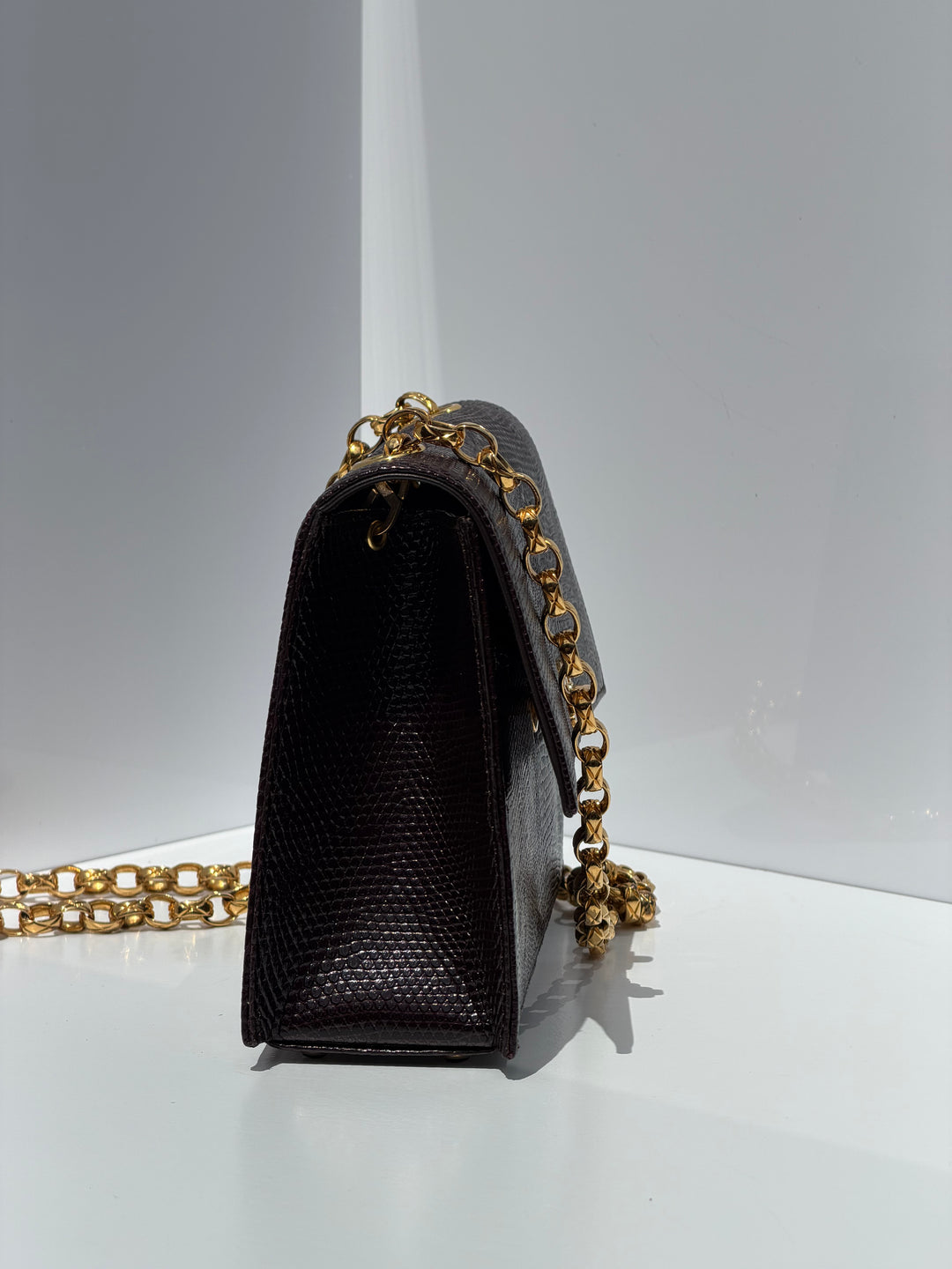 Chanel Small Trapezoid Flap Bag Burgundy Lizard Leather Gold Hardware With Bijoux Chain 1989