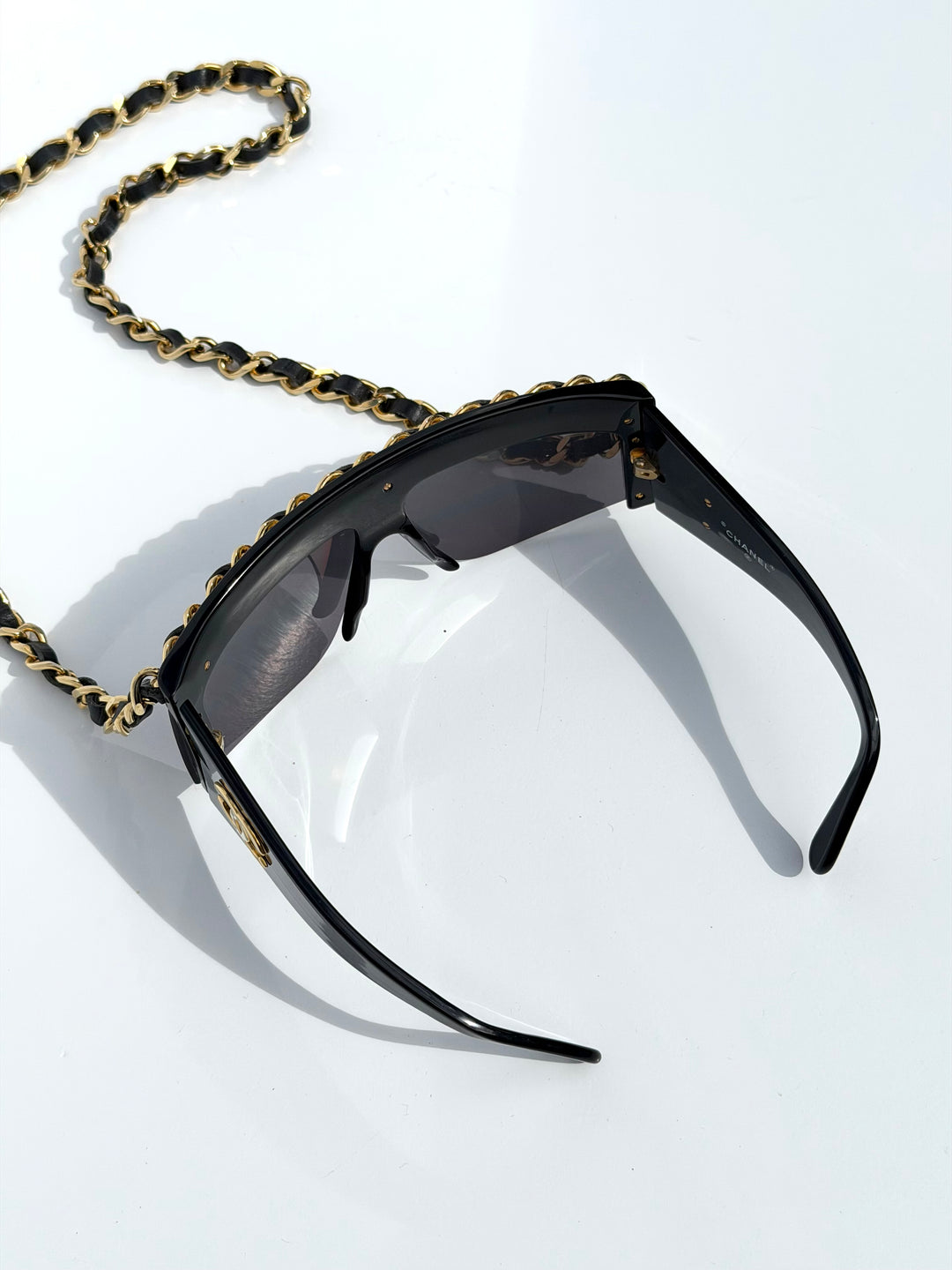 Chanel 1992 Runway Chain Sunglasses Black Gold Hardware