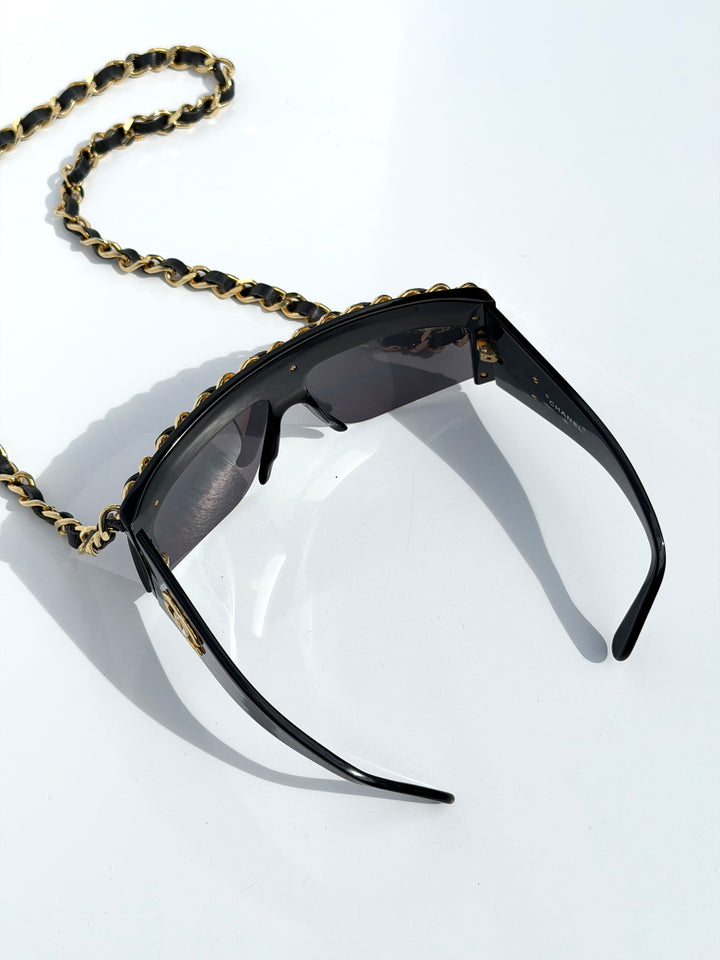 Chanel 1992 Runway Chain Sunglasses Black Gold Hardware