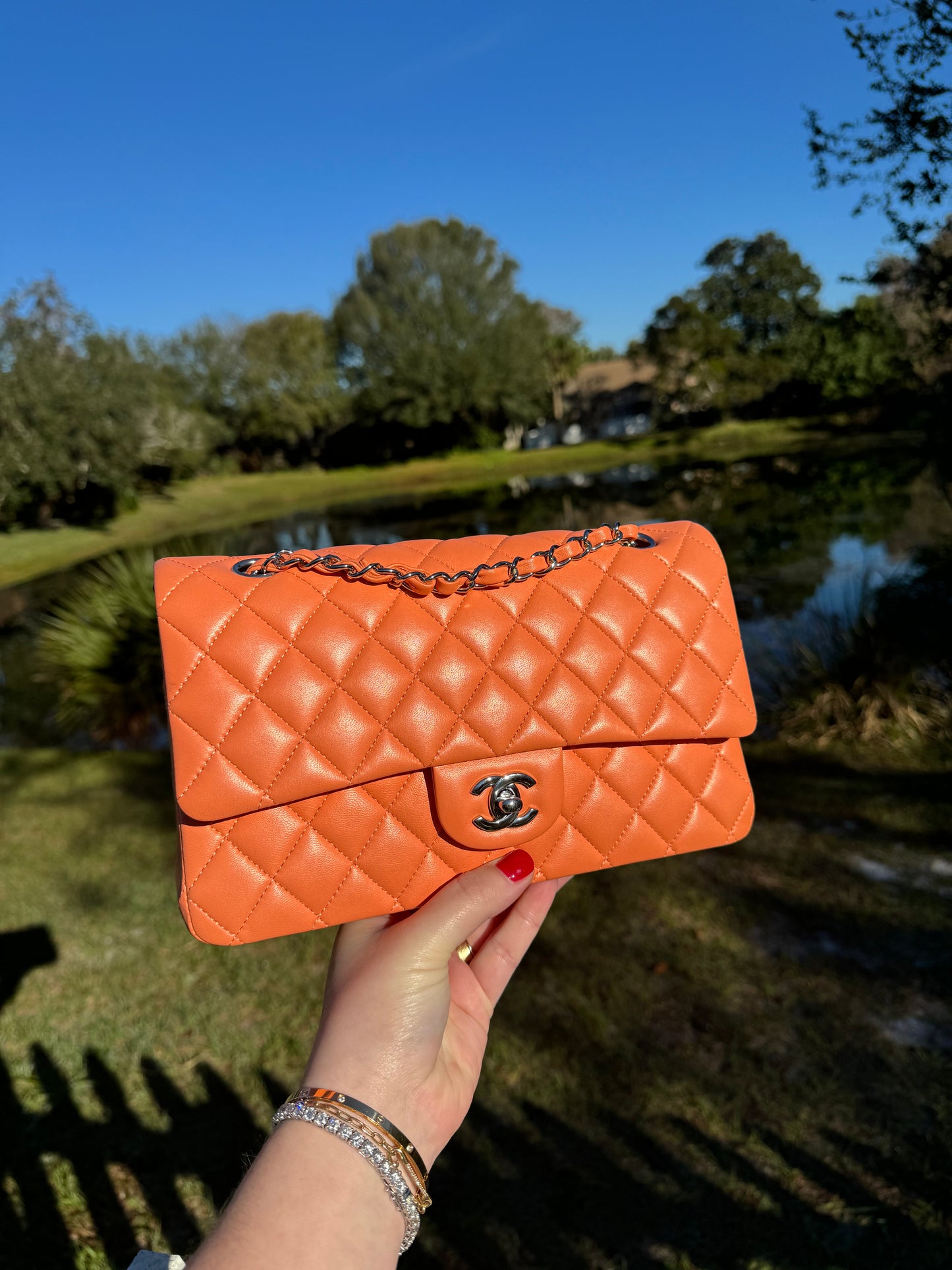 Chanel 21S Orange Neon Lambskin Medium Flap Bag