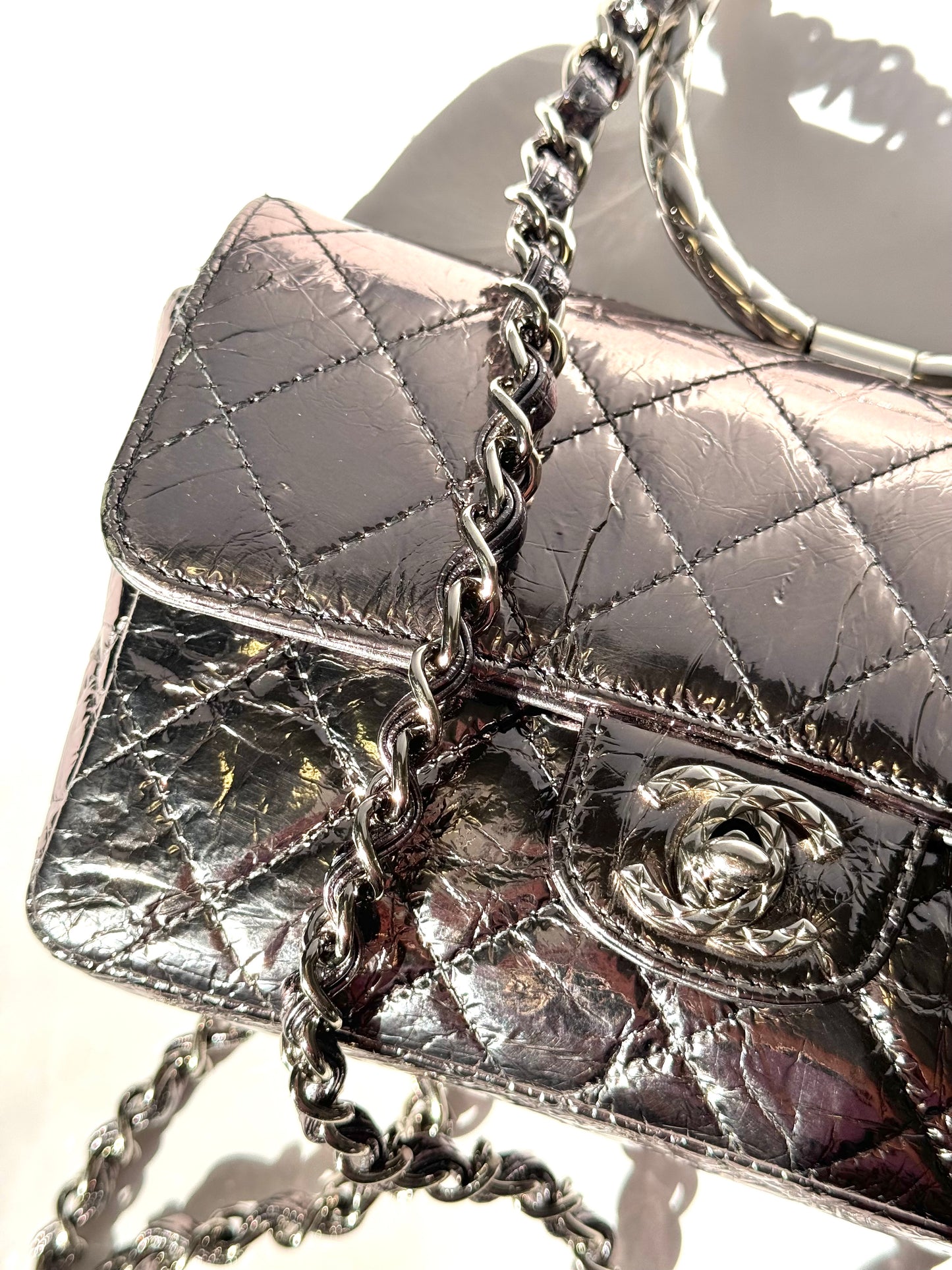 Chanel Metallic Calfskin Mini Ring Handle Flap Bag