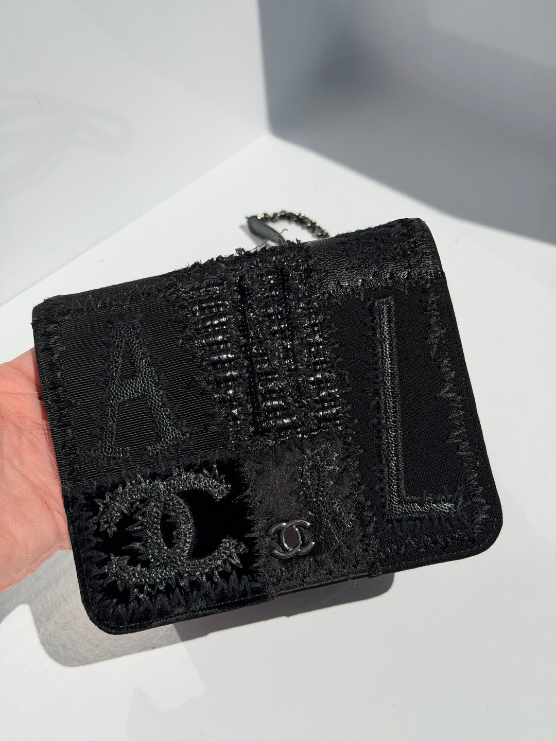 Chanel Black Mixed Media Patchwork Square Wallet on Chain Silver Hardware 2018
