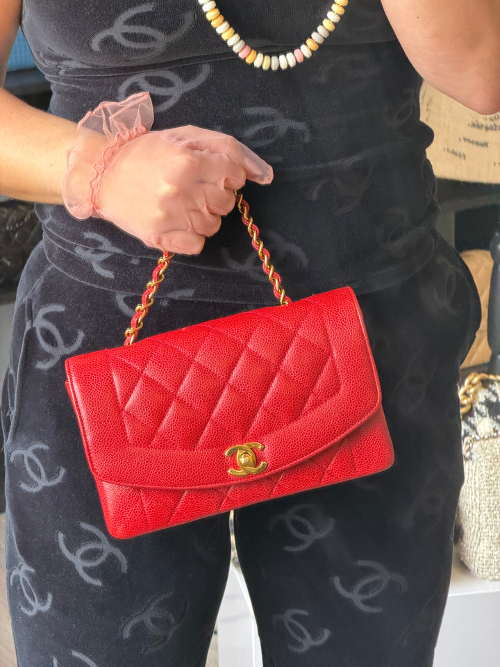 Chanel Small Diana Flap Bag Caviar Red 24K Plated Gold Hardware 1994