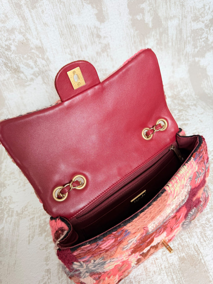 Chanel Embroidered Wool Medium Flap Bag Red Multicolor Gold Hardware 2018