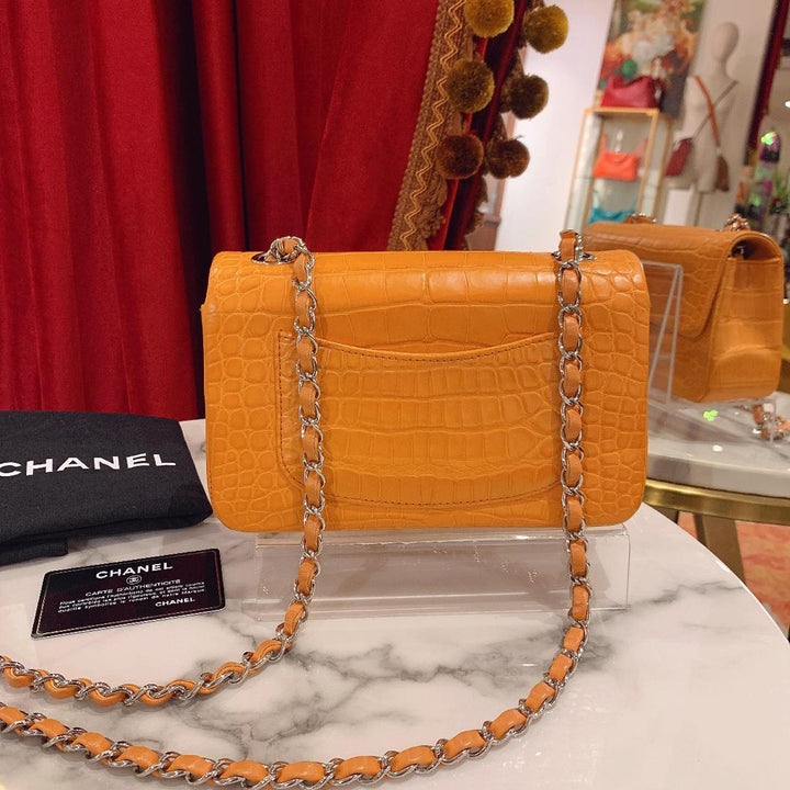 Chanel Orange Matte Croc Mini Flap Silver Hardware 2014