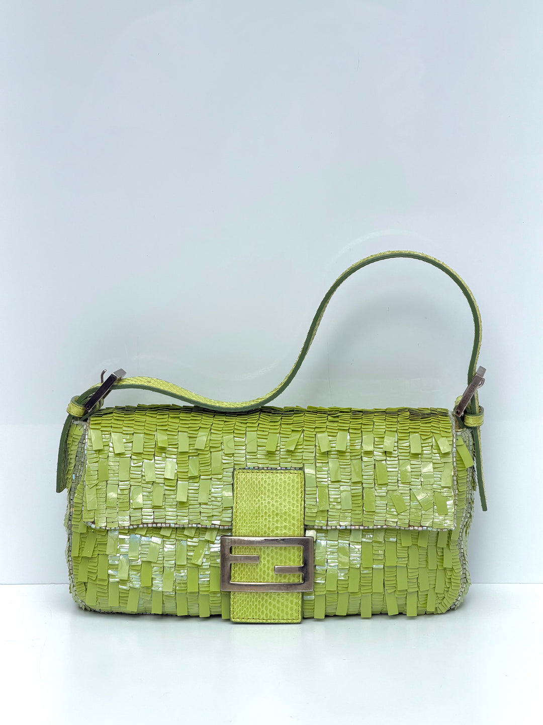 Fendi Lime Green Sequin Baguette Python Trim Silver Hardware 2000