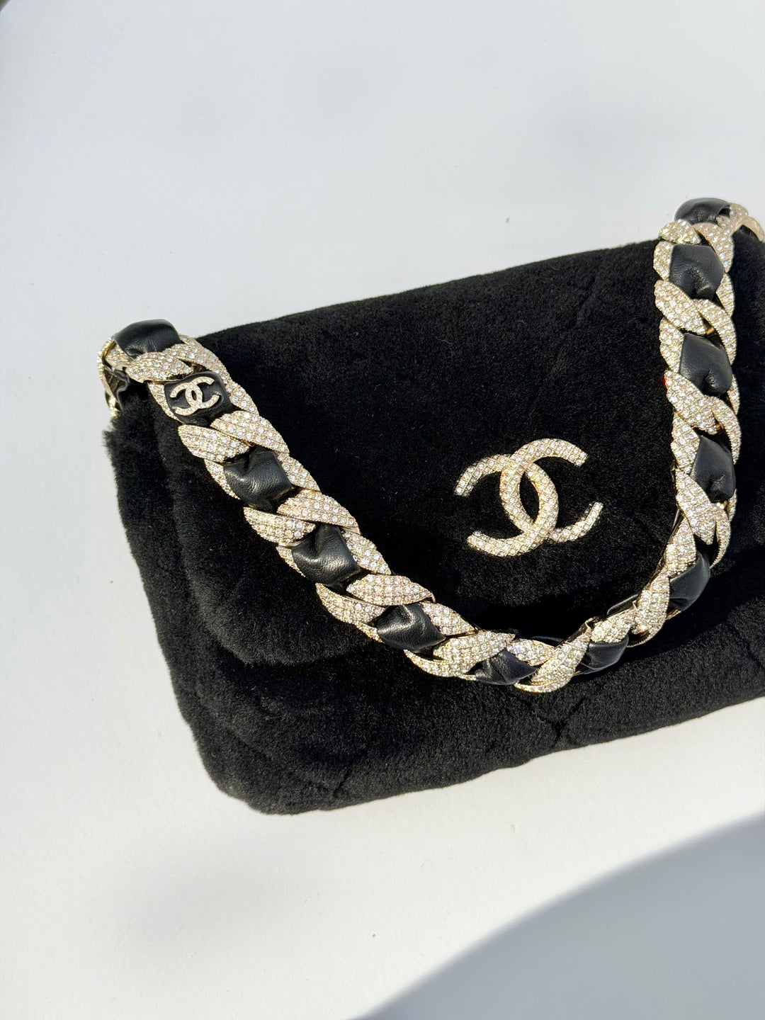Chanel 2020 Shearling & Strass Black Flap Bag