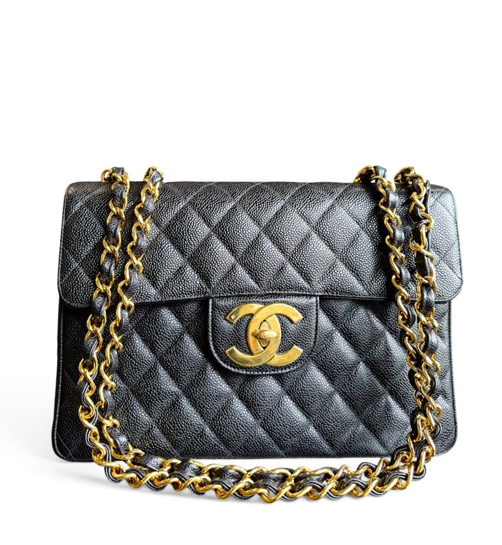 Chanel Classic Flap Jumbo Black Caviar 24K Gold Hardware 1994