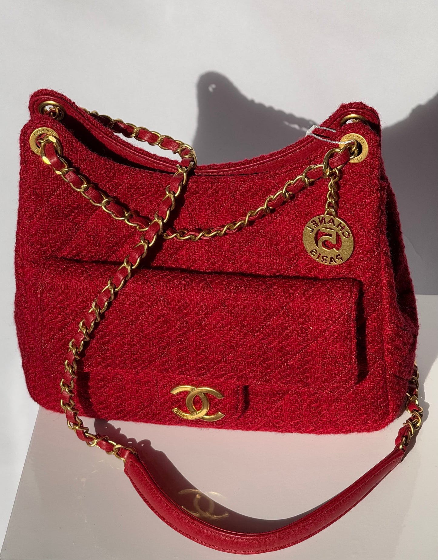 Chanel Small Red Wool Tweed Hobo