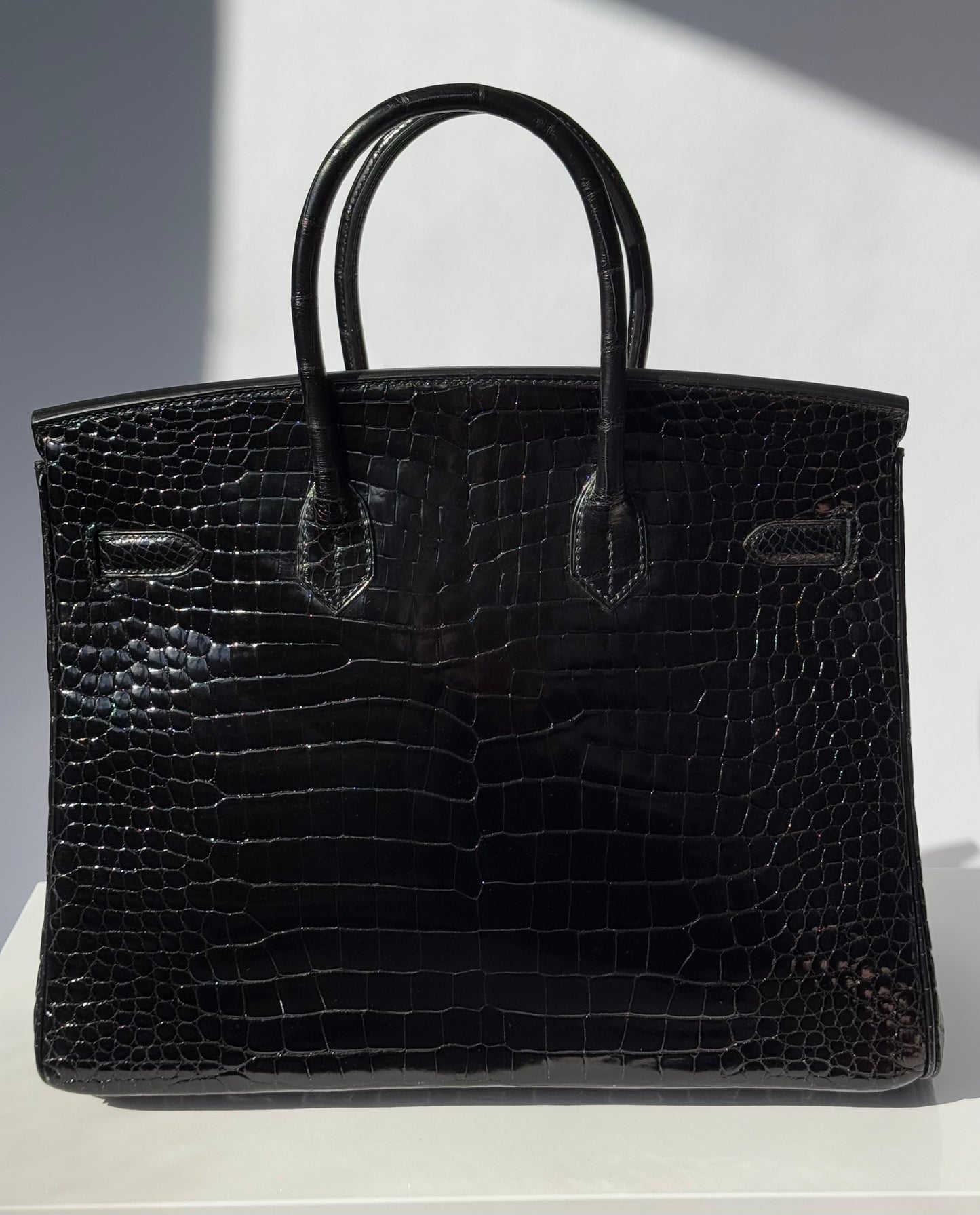 Hermes 18K Yellow Gold Diamond Black Porosus Crocodile Birkin 35