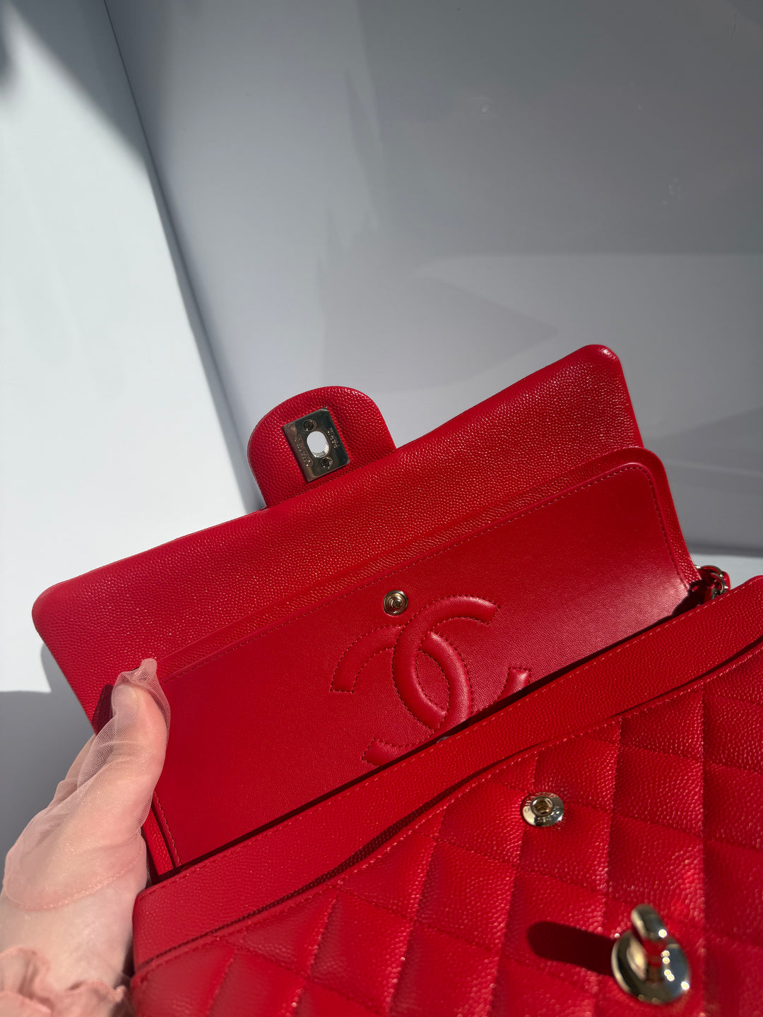 Chanel Medium Classic Double Flap Caviar Red Light Gold Hardware 2021
