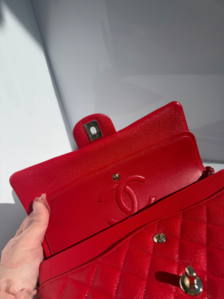 Chanel Medium Classic Double Flap Caviar Red Light Gold Hardware 2021