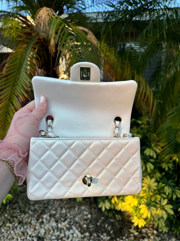 Chanel 21S White Iridescent Calfskin Mini Flap Bag