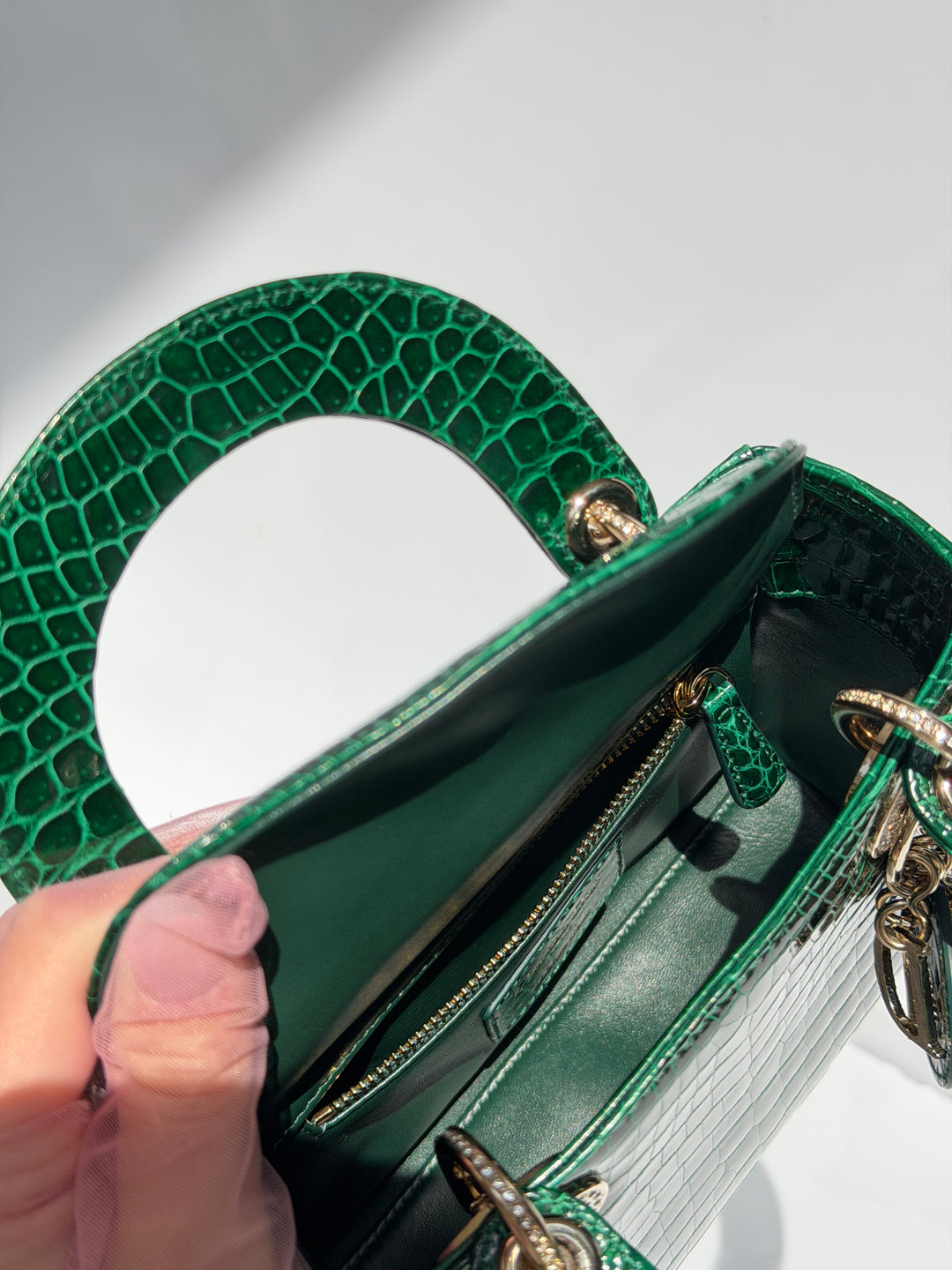 Dior Emerald Crocodile Mini Lady Dior Top Handle Diamond Gold Hardware 2022
