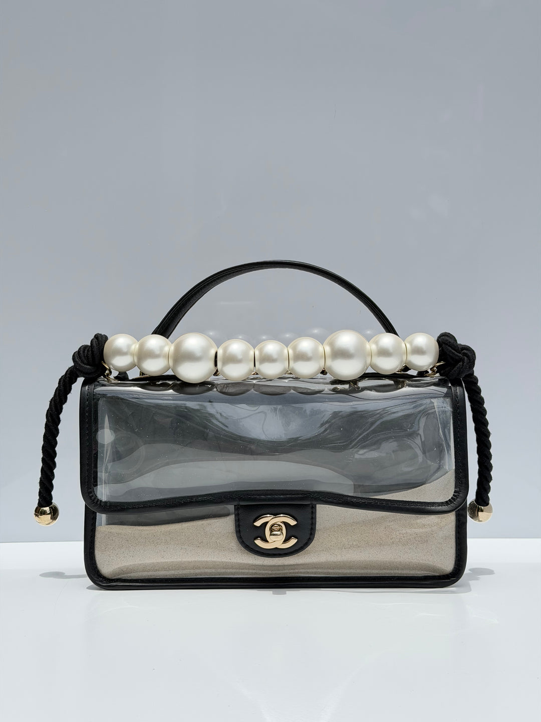 Chanel Sand By The Sea Pearl Strap Flap Bag PVC Black Light Gold Hardware 2019