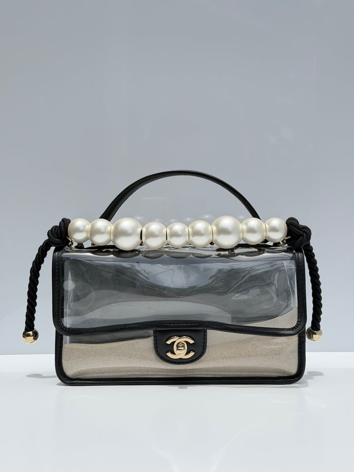 Chanel Sand By The Sea Pearl Strap Flap Bag PVC Black Light Gold Hardware 2019