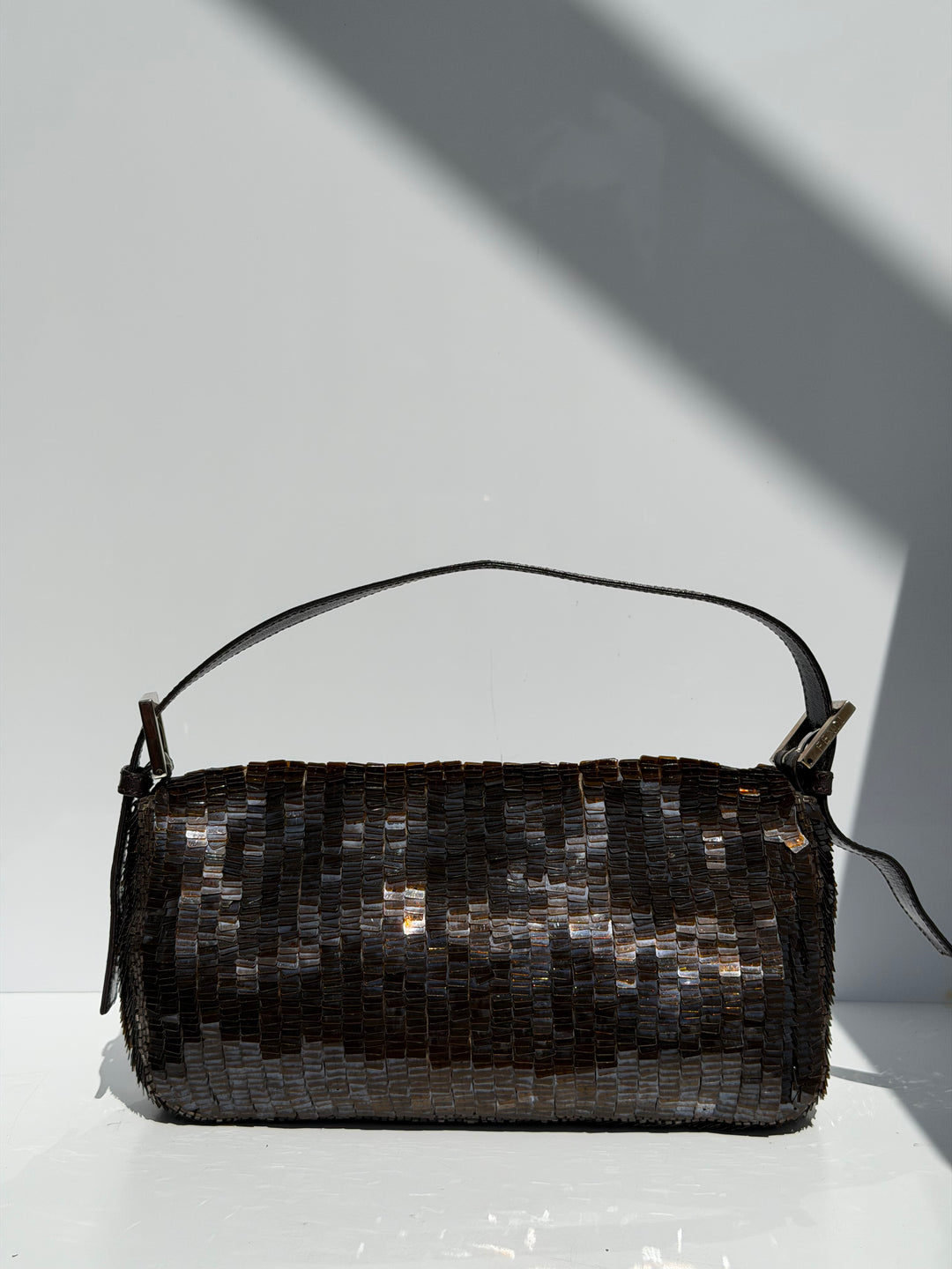 Fendi Brown Sequin Zucca FF Baguette Silver Hardware