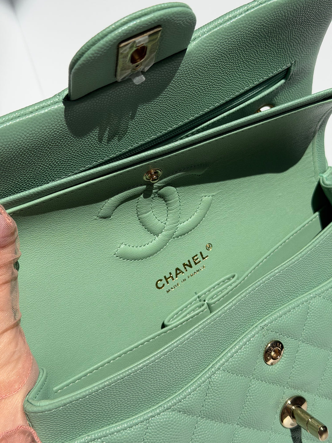 Chanel Small Classic Double Flap Caviar Green Light Gold Hardware 2023