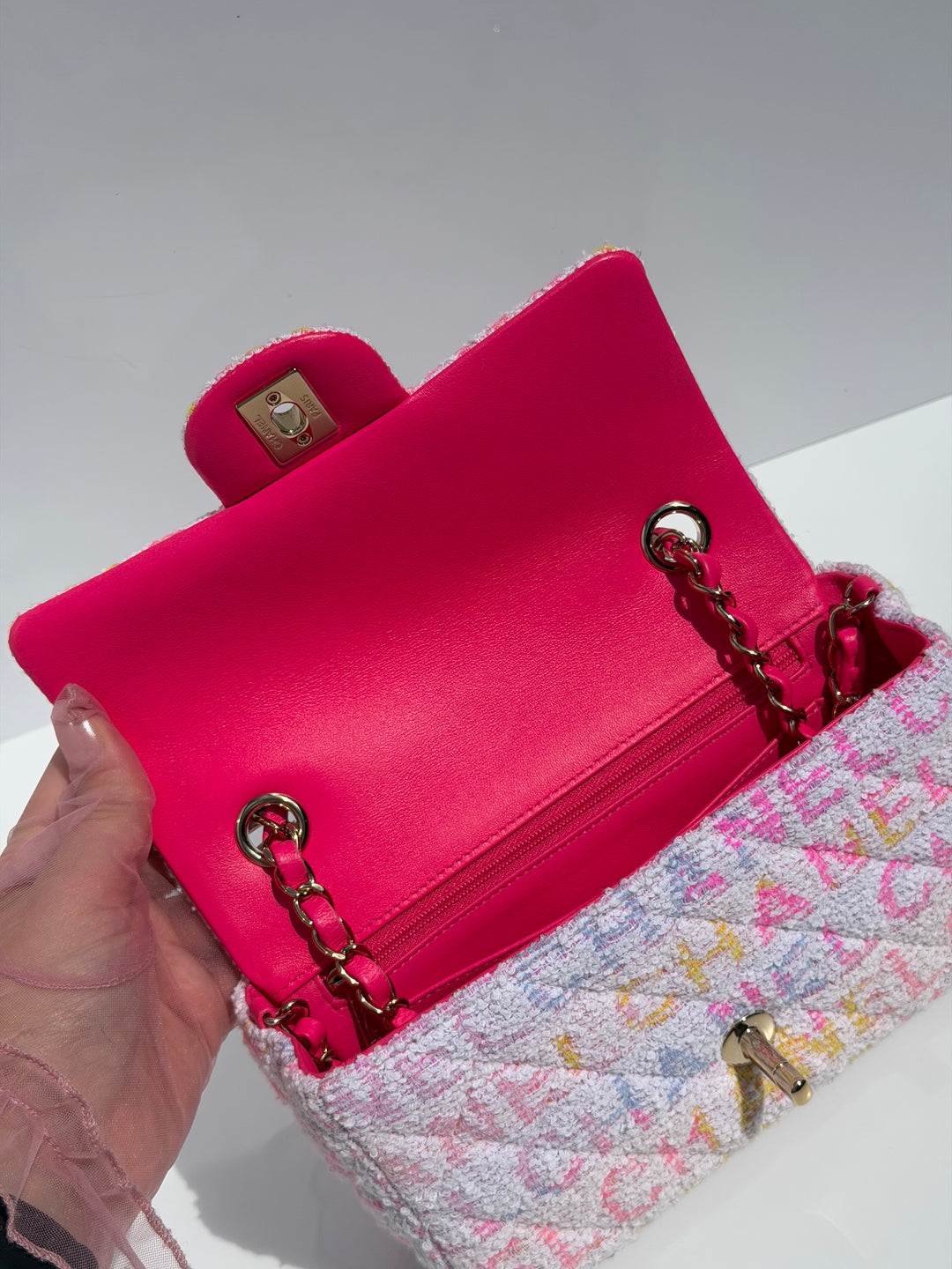 Chanel Mini Rectangular Classic Flap Bag Multicolor Logo Tweed Light Gold Hardware 2024