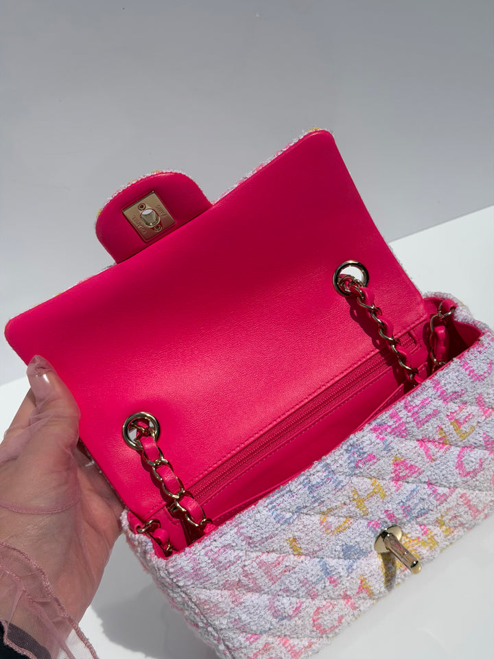 Chanel Mini Rectangular Classic Flap Bag Multicolor Logo Tweed Light Gold Hardware 2024