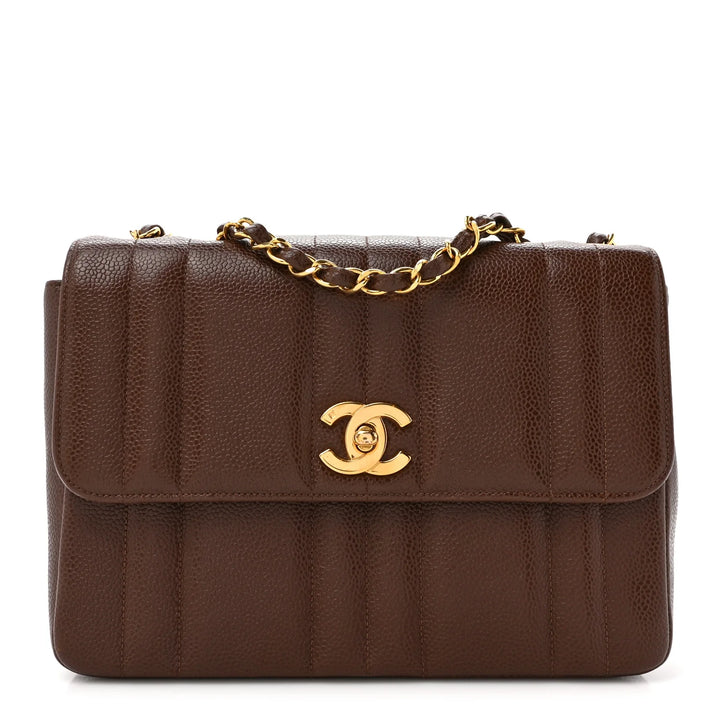 Chanel Mademoiselle Vertical Flap Brown Caviar Gold Hardware 1994
