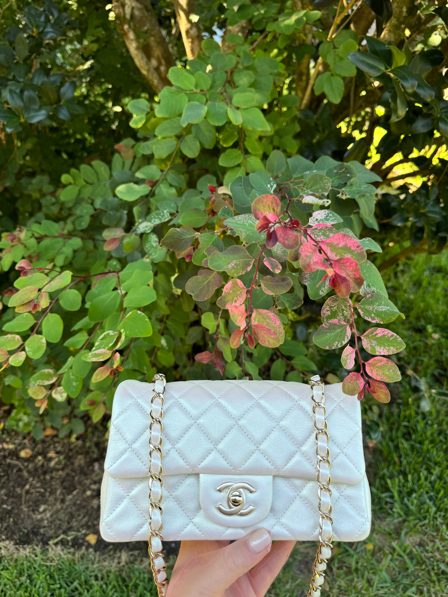 Chanel 21S White Iridescent Calfskin Mini Flap Bag