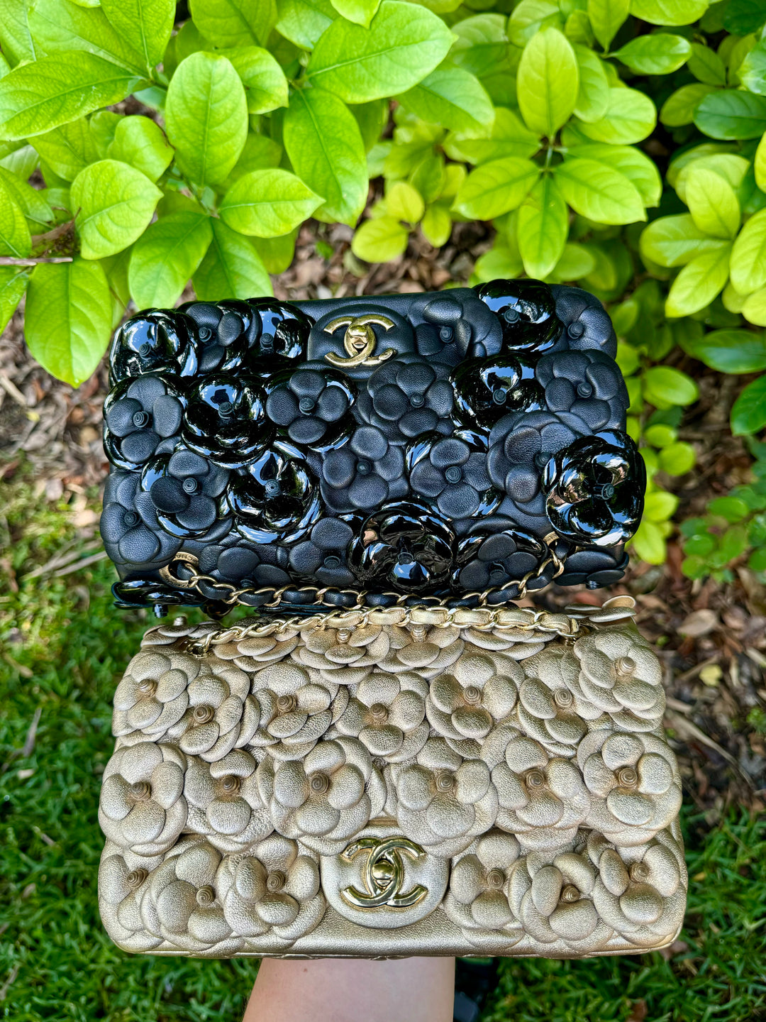 Chanel Black Lambskin Camellia Rose Appliqué Medium Flap Bag