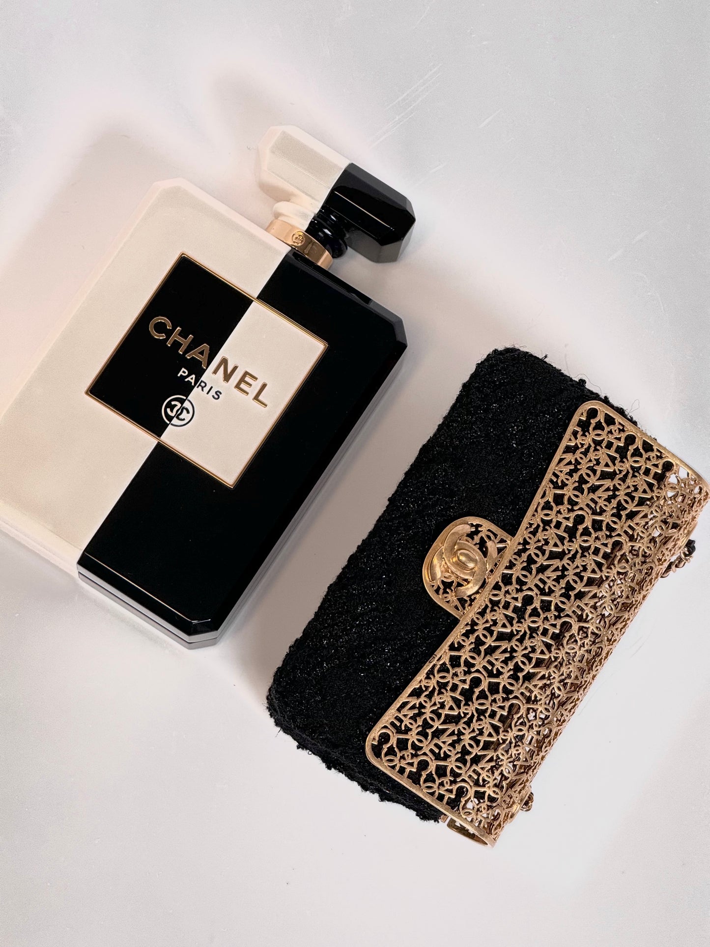 Chanel Black & White Acrylic Plexiglass Perfume Bottle Minaudière