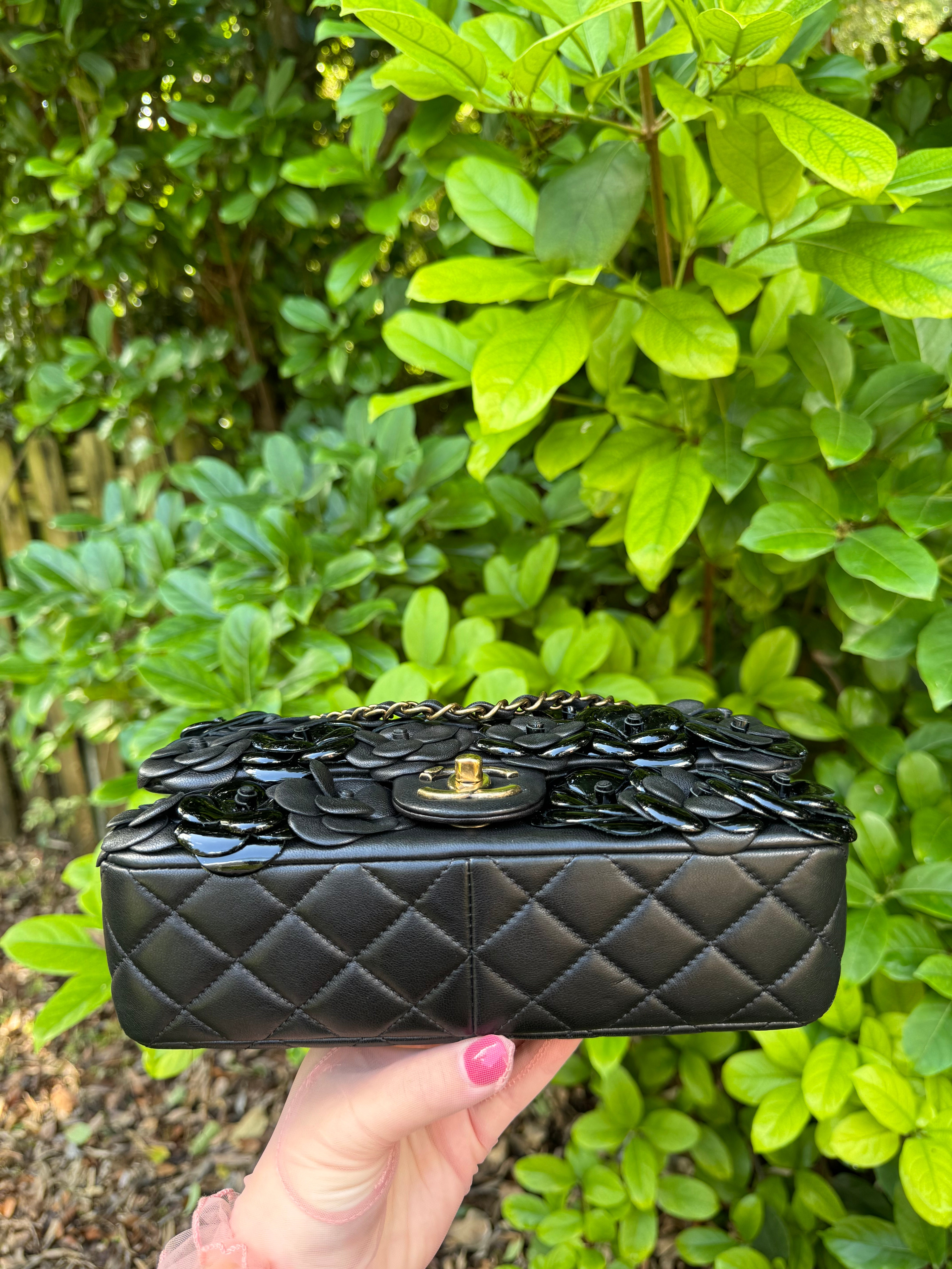 Chanel Black Lambskin Camellia Rose Appliqué Medium Flap Bag – Its